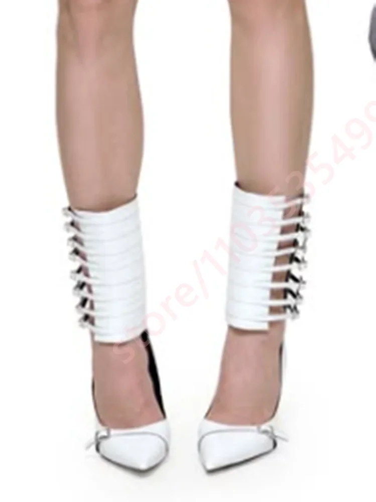 2026 Summer Stiletto Heel Women Mid Calf Boots Pointed Toe Multi Buckle Cutout Straps Black/white Punk Elegant Party High Heels