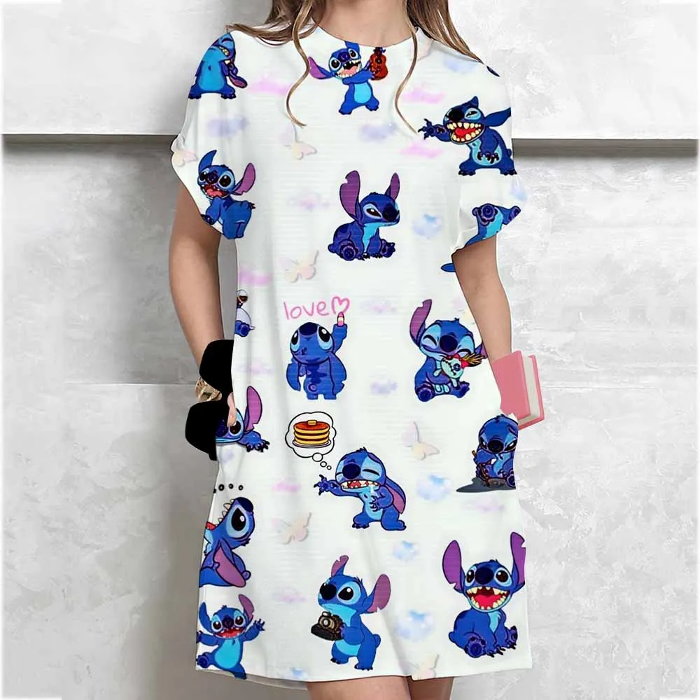 Label Size Women's Summer Casual Short Sleeve T-Shirt Dresses Nightgowns Casual O Neck Disney Stitch print White Dresses New Wo