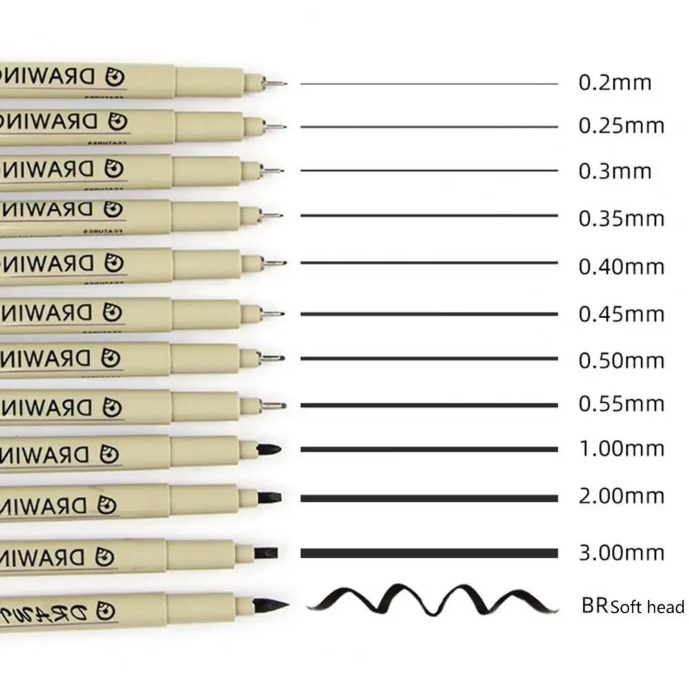 Tahan air 12Pcs berguna hitam sketsa lukisan pena tahan aus seni pena gambar menulis dengan lancar perlengkapan rumah