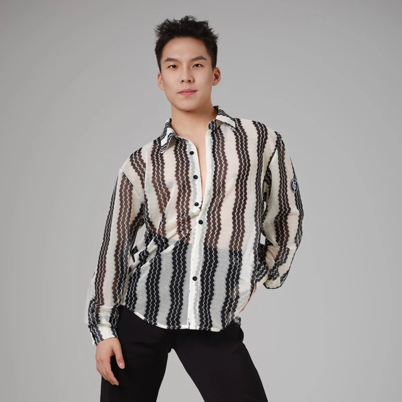 

Мужской топ с длинными рукавами для современных танцев, топы для взрослых, самбы, латинских танцев, мужская полосатая рубашка для бальных танцев, тренировочная одежда SL13582