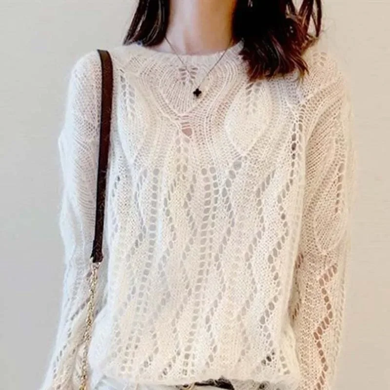 ZHUANQING Women\'s White Knitted Mohair Oversized Long-Sleeved Pullover Sweater Fall Fashion Simple Lazy Hollow Harajuku Sweat