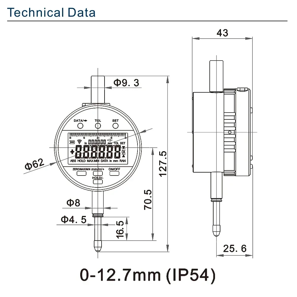 SHAHE Wireless Digital Indicator 0.5μm Resolution IP54 Electronic Indicator 0-12.7 /25.4/50.8mm With Rechargeable Battery