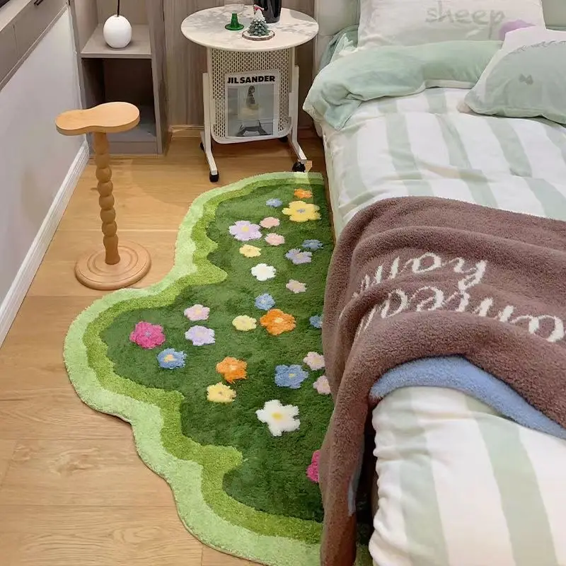 Soft Green Lawn and Flowers Bedroom Carpet Cute Children\'s Bedside Rug Kids Non-Slip Baby Playmats Floor Mat Living Room Mats