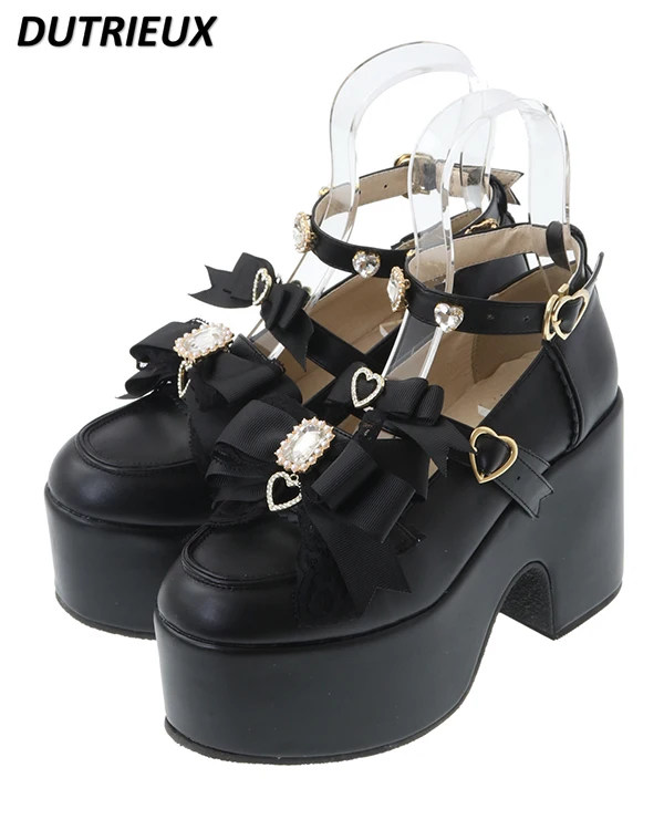 Japanese Style Sweet Girls Heart Bowknot High Heels Mine Mass-Produced Lolita Thick Bottom Mary Jane Platform Shoes for Women