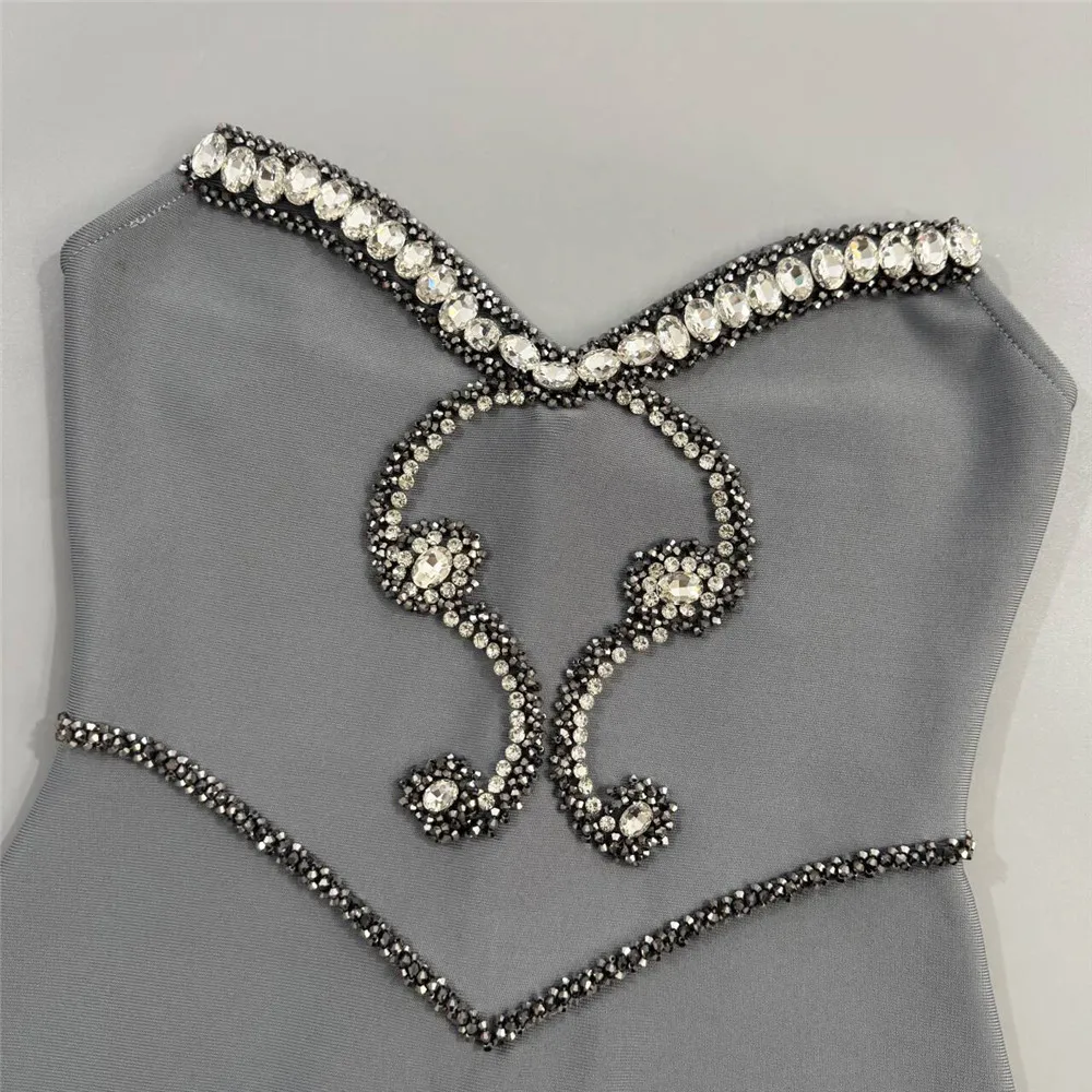 Sexy strapless diamanten grijze bandage lange jurk dames mouwloze bodycon glitter verjaardag festival jurken avondjurken