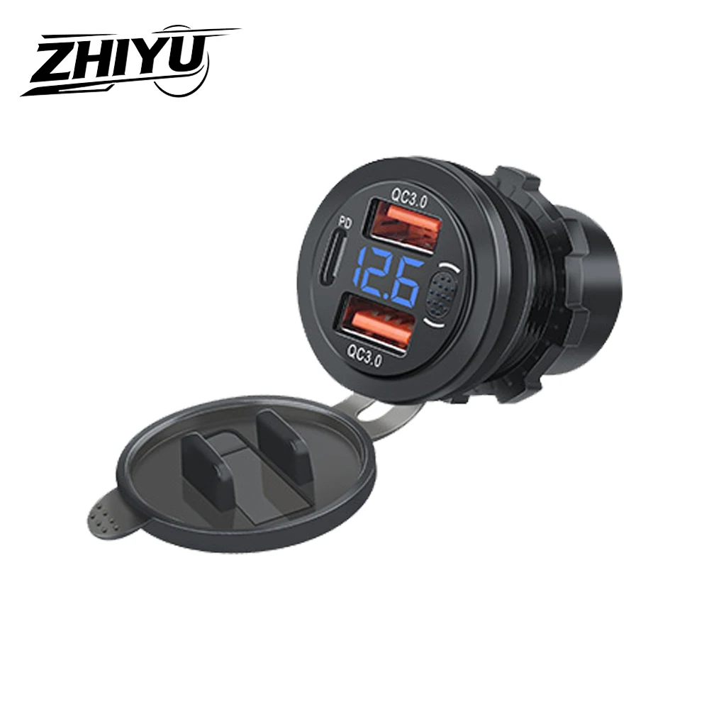 ZHIYU 100W USB CarCharger Socket PD3.0 & QC3.0 3 Ports Waterproof with LED Voltmeter Touch Switch Fast Charging Car Moto Adapter
