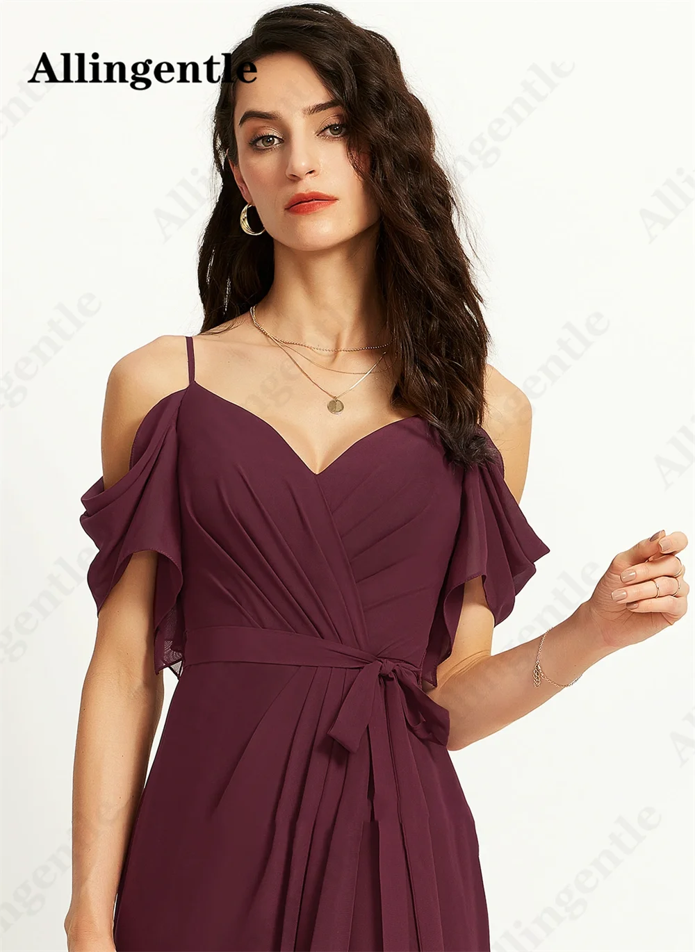 Allingentle Elegant Bridesmaid Dresses Spaghetti Straps V-Neck Maid Of Honor Gown Ruffles Sleeve A-Line Side Slit Evening Gowns