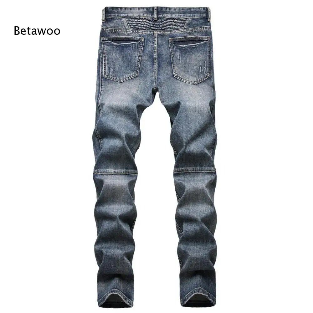 Casual Street Denim Trousers For Men Vintage Washed Look Knee Panel Craft Side Zipper Pockets Slim Straight Leg Jean Pants