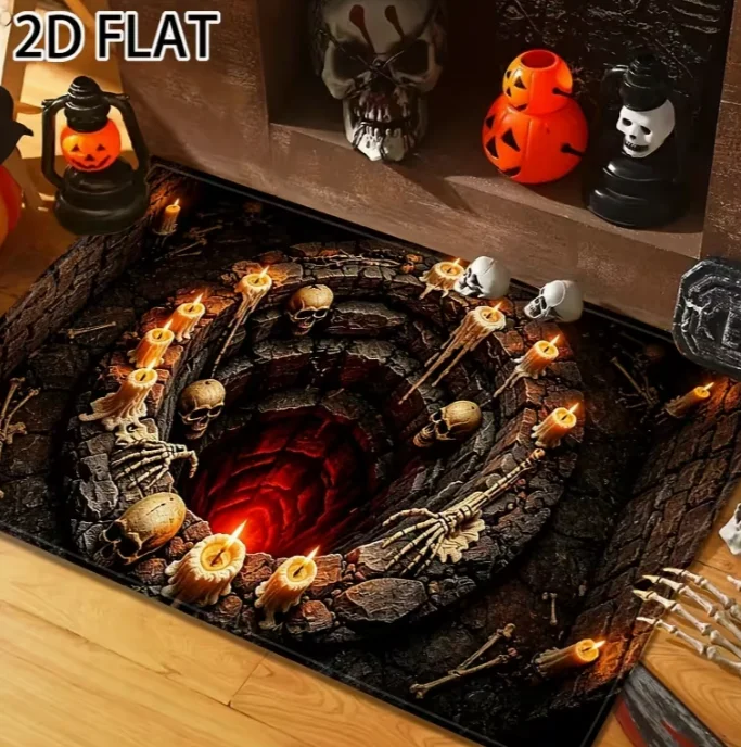 2D Flat Halloween Theme Floor Mat, Dungeon Deep Pit Skull Candle Rectangular Doormat Visual Trap Washable Halloween Indoor Rug