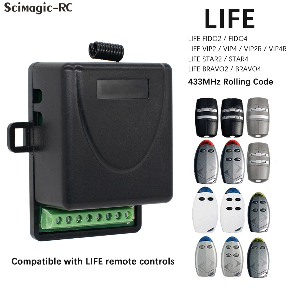 AC DC 12-24v Garage Door Opener Receiver For LIFE FIDO2/FIDO4/VIP2/VIP4/VIP2R/VIP4R 433.92 MHz Rolling Code Remote Control