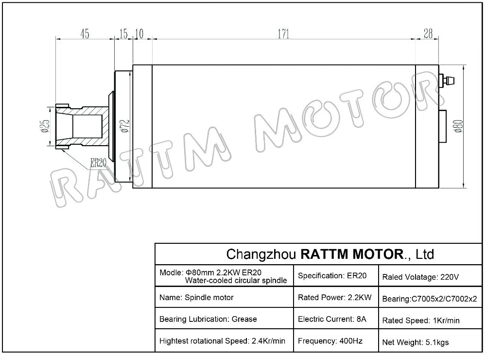 GDZ-80-2.2B 2.2KW ER20 CNC Water Cooled Spindle Motor Cooling 80x213mm For Router Engraving Milling Machine