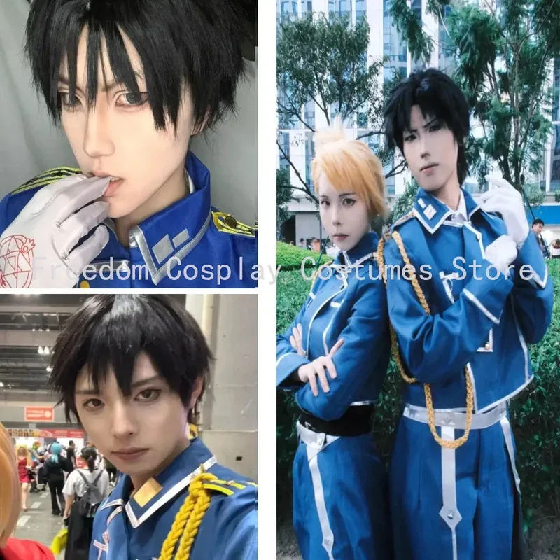 aa69Roy Mustang Cosplay Anime Fullmetal Alchemist Costume Uniform Wig Blue Military Coat Game Exhibition Stage Party Outfit for