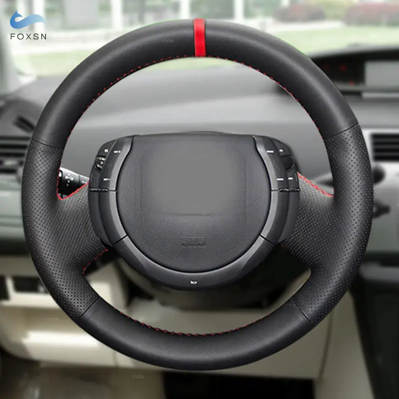 Car Interior Steering Wheel Cover For Citroen Triumph Old C4 C-quatre  Hand Braid Perforated Microfiber Leather Trim w/ red bar