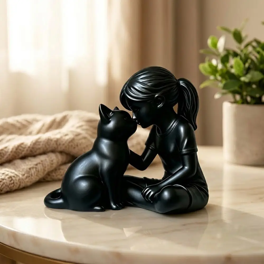 3D Printed Girl and Cat Sculpture Plastic Crafts Girl Cat Friendship Statues Unique Cute Animal Desktop Cat Figurine Desktop Use