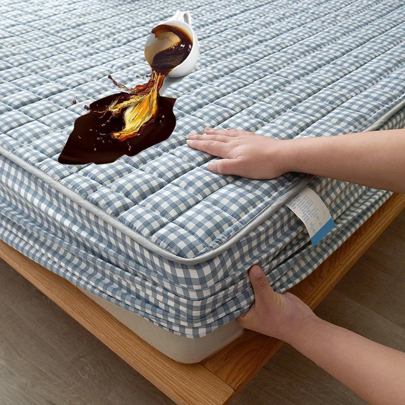 Waterproof Mattress Protector Plaid Cotton Thicken Mattress Cover Durable Non-Slip Fitted Sheet Breathable Mite-Proof Bed Covers