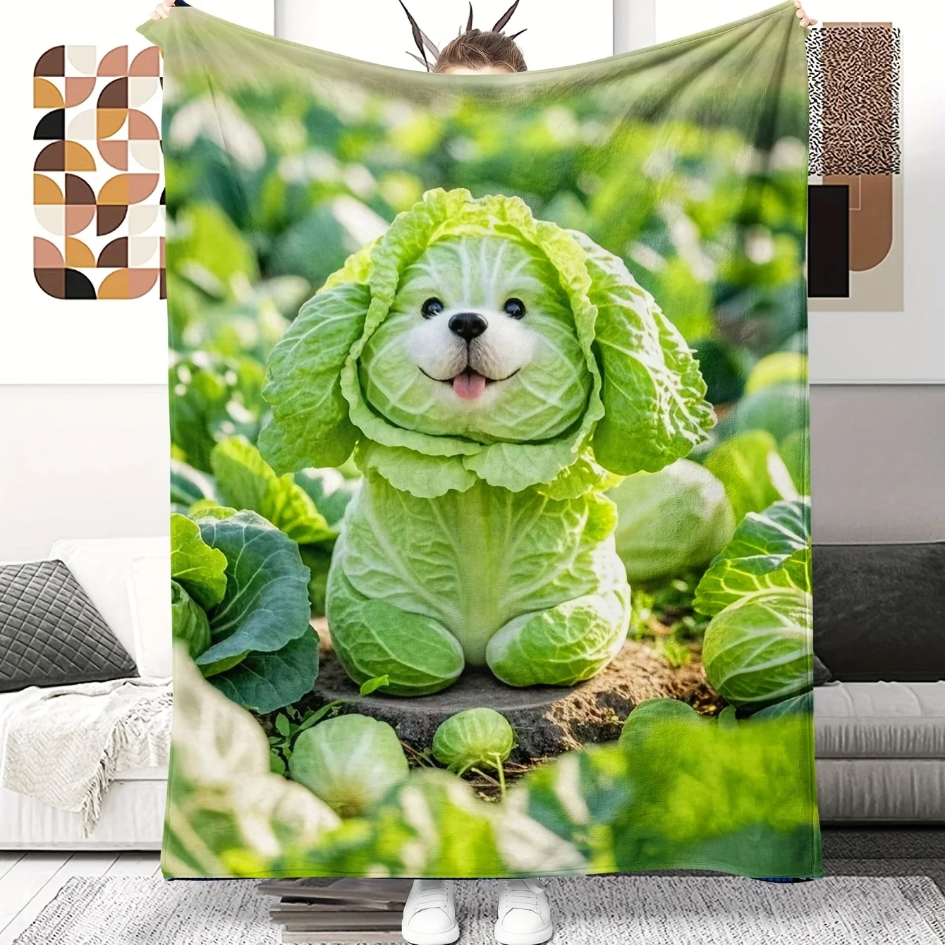 Cozy Cabbage Dog Fleece Blanket – Green Flannel Throw with Adorable Vegetable Design, Perfect Gift for Dog Lovers