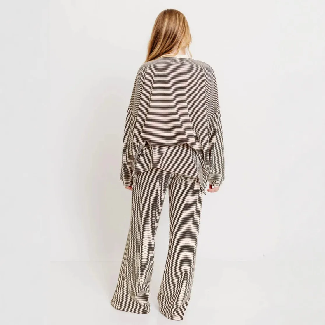 Casual Striped Set with Long Sleeve Top Printed Top Set Plaid Pattern Japanese Korean Casual Pajamas Autumn for Women
