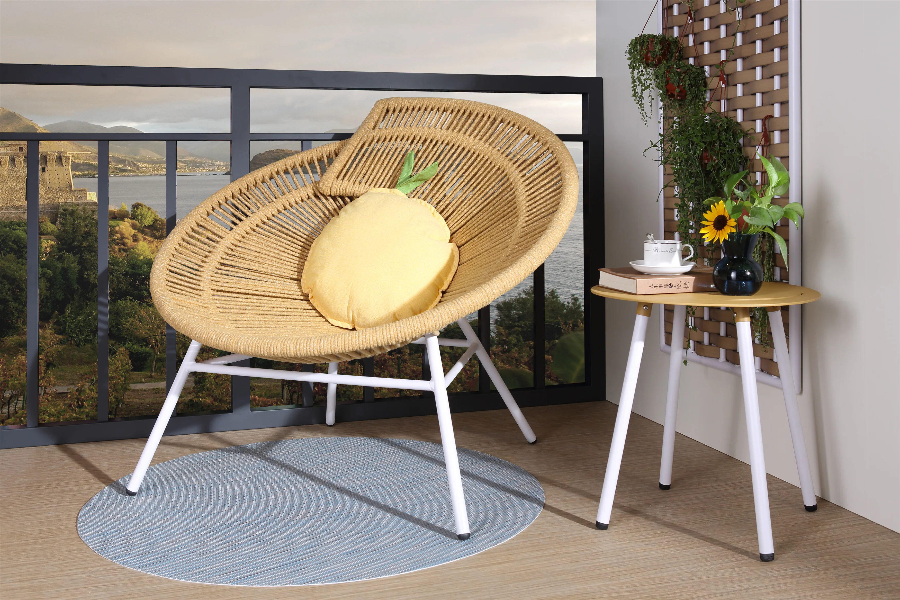 Leisure Silla Ratan Sinttico Garden Rattan Furniture Sets String Chair Stackable Acapulco Chair Set Outdoor