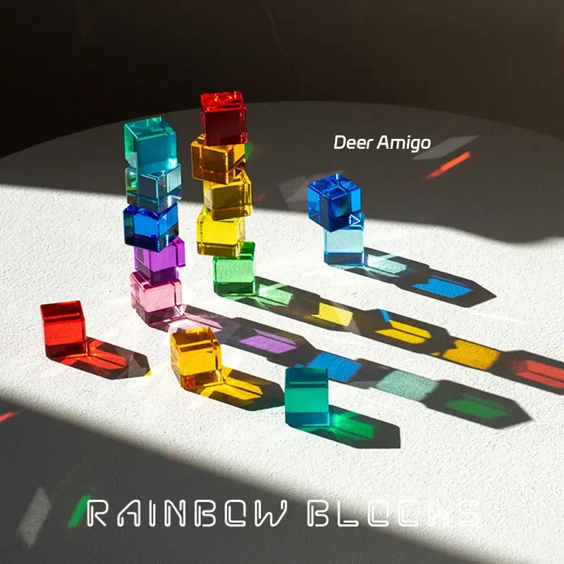 Acrylic Lucent Transparent Rainbow Color Gem Cubes Kids Stacking Building Blocks Light Shadow Toy Lucite Rectangle Cubes Gift