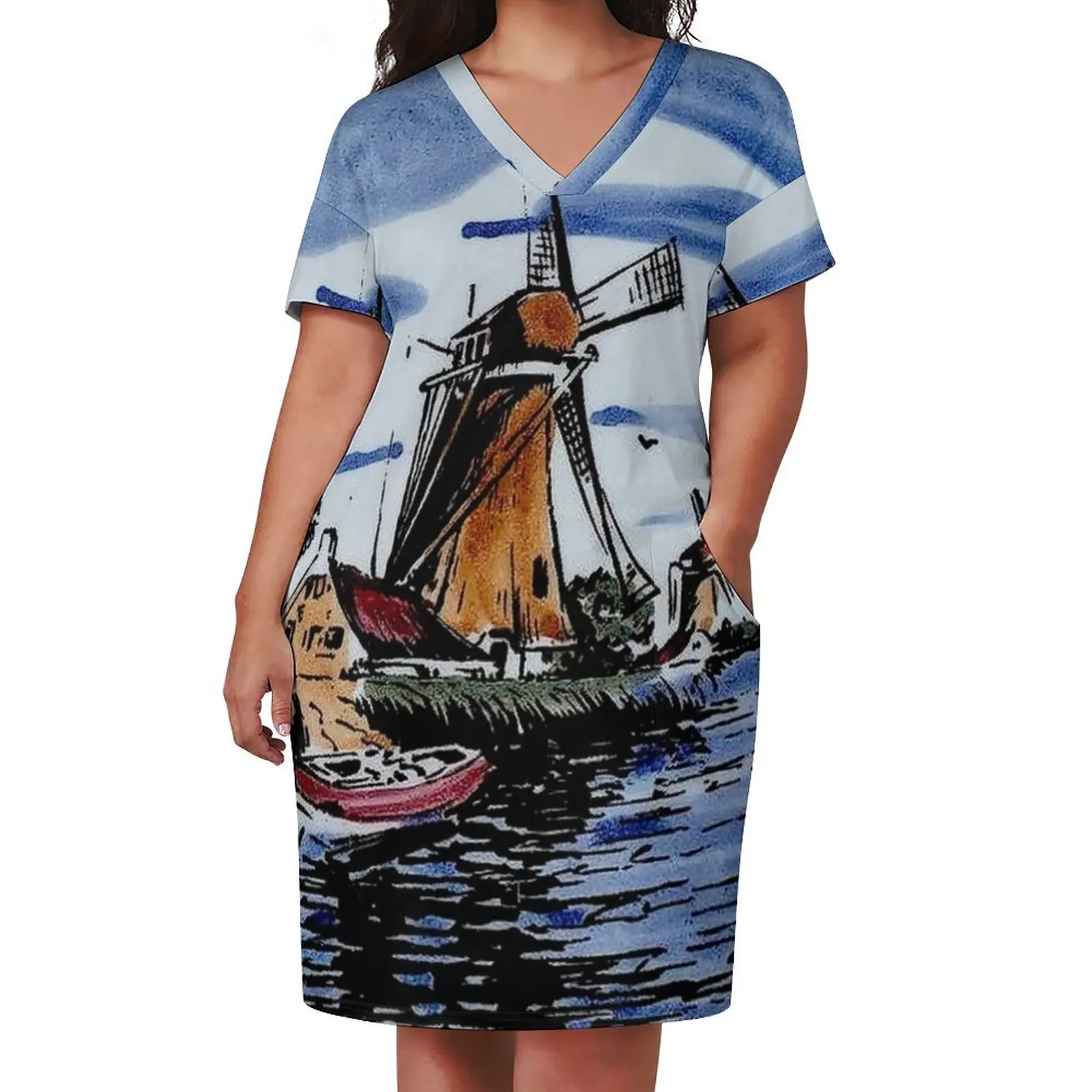 DUTCH BLUE DELFT : Vintage Colorful Windmills and boat on River Print Loose Pocket Dress cute dress