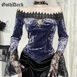 Goth Dark Lace Patchwork Autumn Winter Velvet Crop Tops Mall Gothic Slim Pullovers Blouse Women Elegant Slash Neck T-shirts Y2K