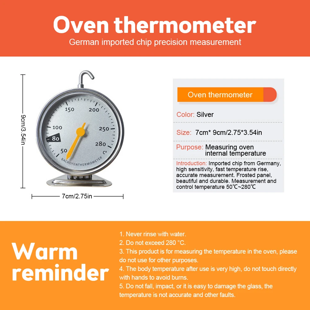 Kitchen Thermometer Stainless Steel Oven Thermometer Stand BBQ Cooking Meat Food Temperature Measurement Tools 50-280℃