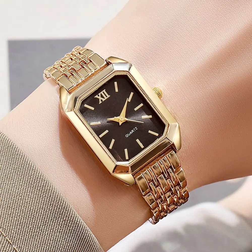 Fashion Stainless Steel Wristwatch Bracelet Set Folding buckle Quartz Women Wristwatch Simple Square Strap Watch Student