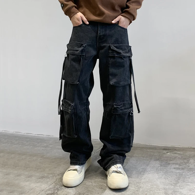 men American Streetwear Hip Hop Multi Pocket Black Denim Cargo Pants Jeans Trousers Plus Size 28-40 Y2k Clothes