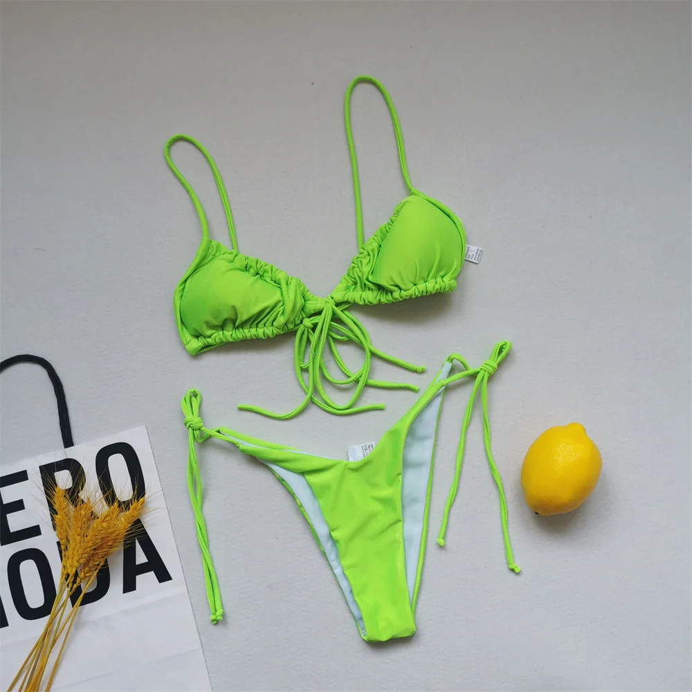 Lovely Beach Bikini Ruched String Lace Up Swimsuit Thong Women Hot Summer Y2K Trend Vacation Swimwear Separate Micro Bathing Set