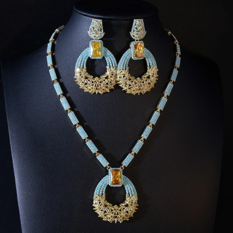 

Luxury Turquoise Jewelry Set for Women Yellow Crystal Choker Necklace Earrings Set Elegant Wedding Party Jewelry Accessories