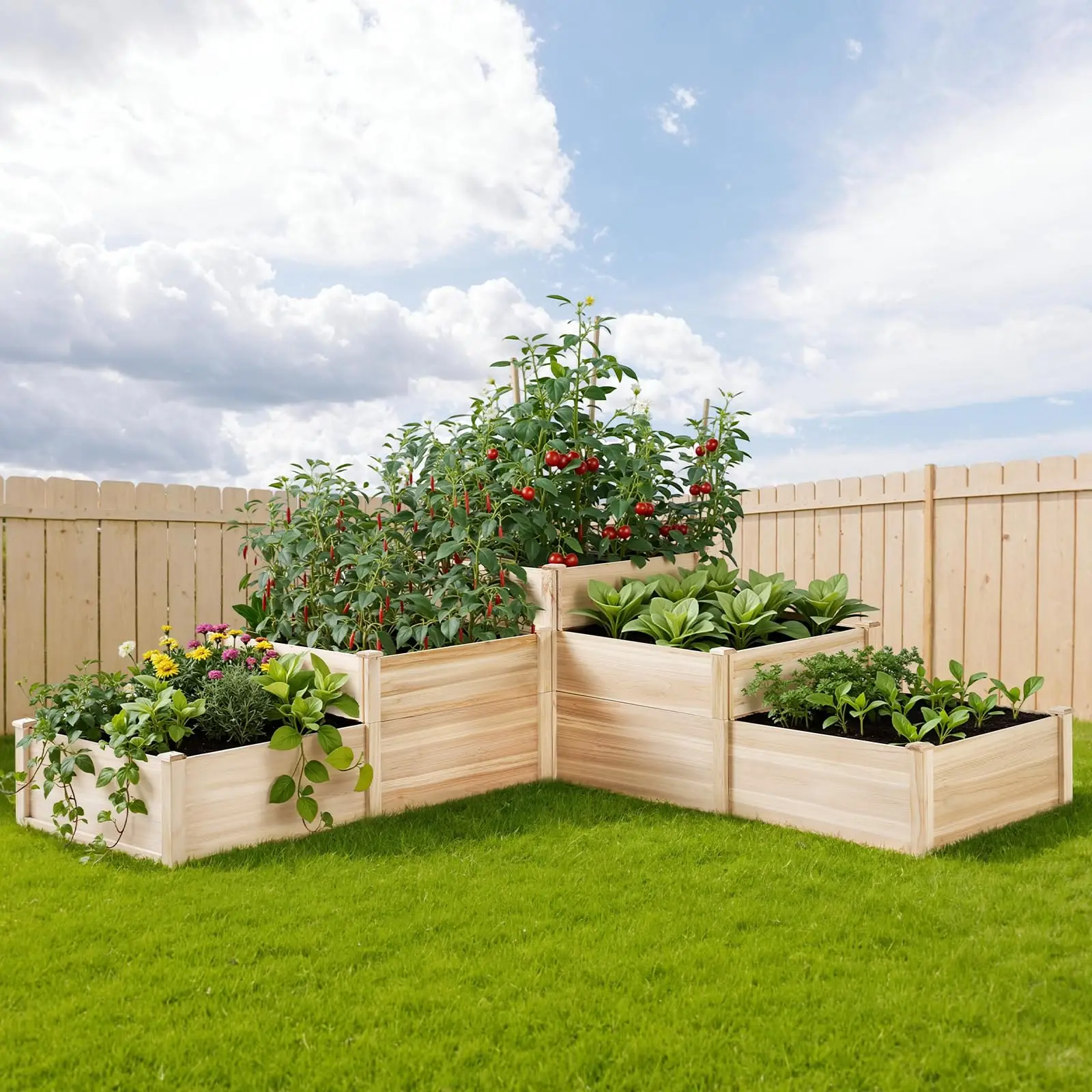 3-Tier Raised Garden Bed, 28 Inch Depth Fir Wood Planter Box for Outdoor Gardening with Dividers, Tool-Free Assembly