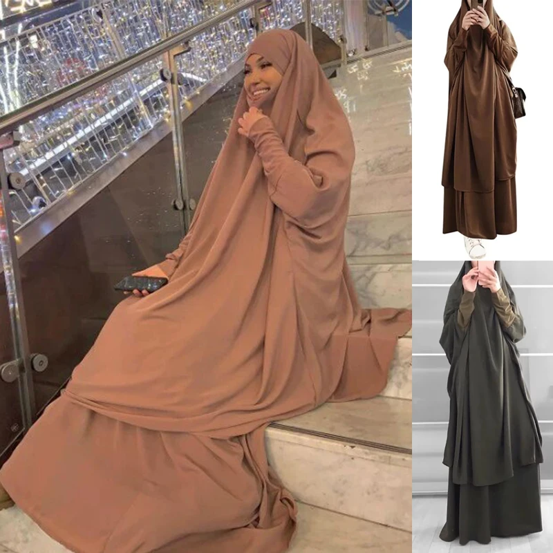 

Muslim Sets Two Pieces Prayer Long Hooded Smocking Sleeve Shirt Hijab Loose Maxi Skirts Elastic Waist Women Abaya SetsMU-423