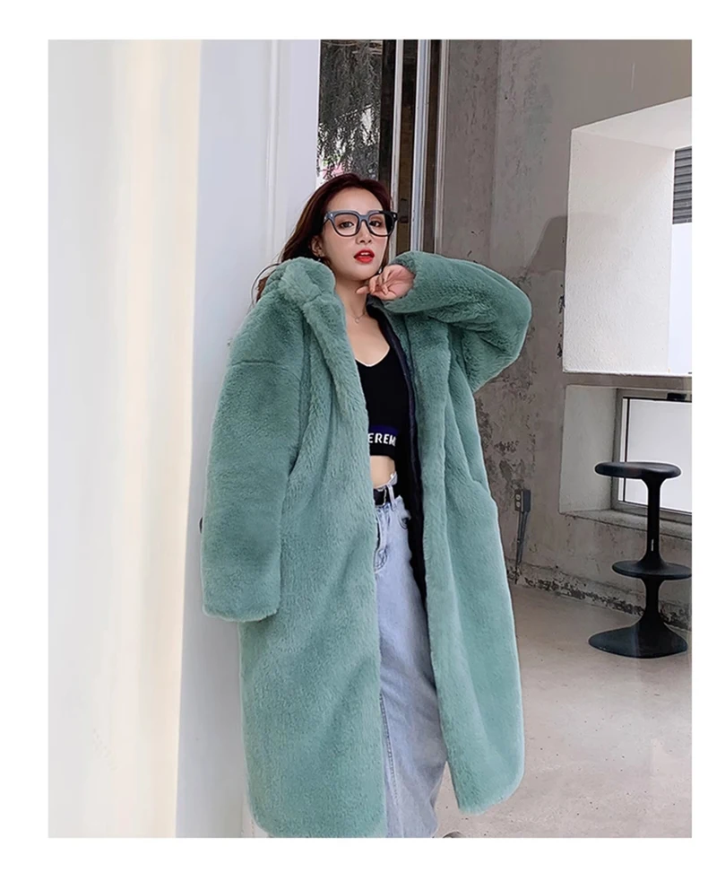 Lautaro Winter Long Loose Casual Windproof Soft Thick Warm Fluffy Green Black Faux Fur Coat Women with Hood Furry Overcoat 2023
