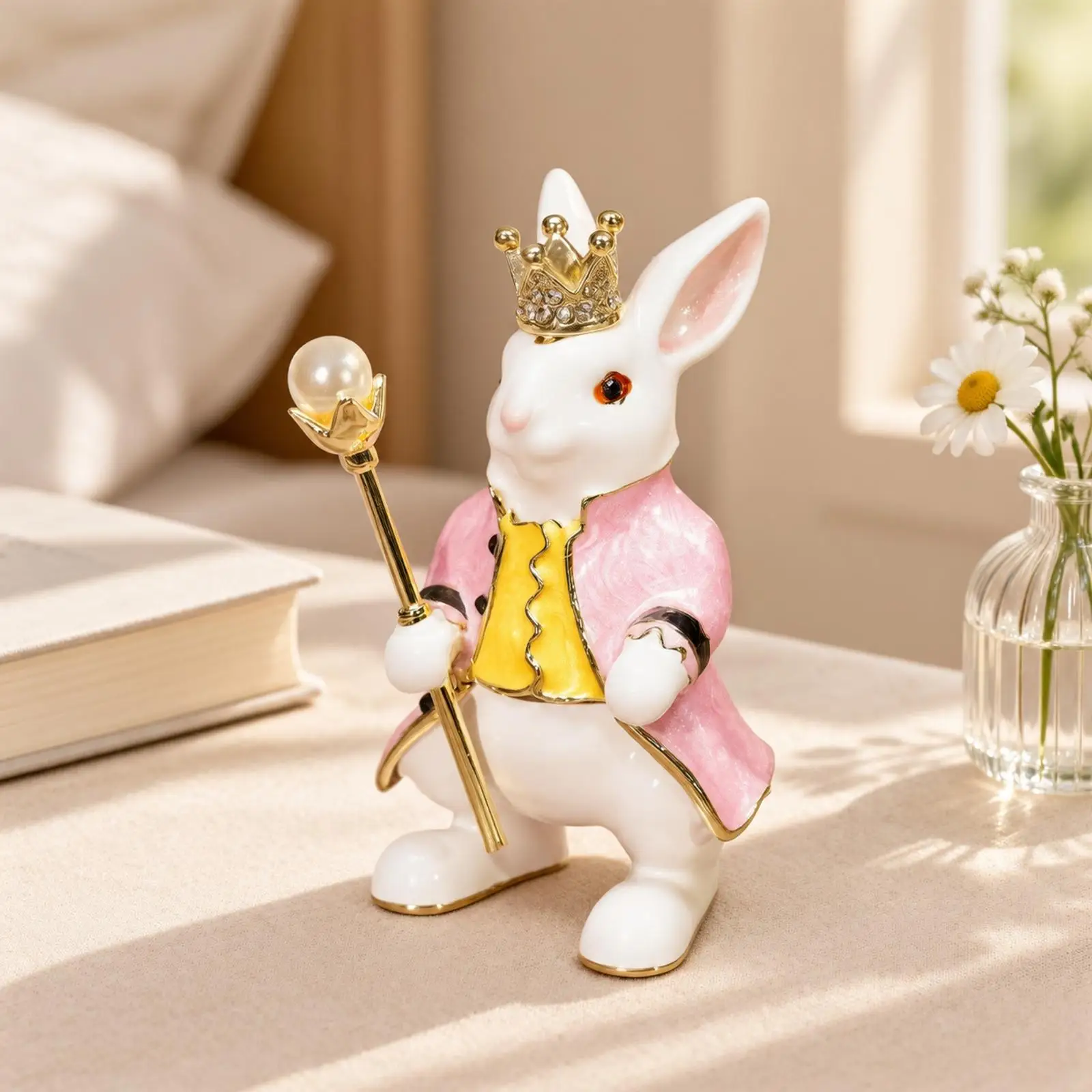 Rabbit Noble Figurine Hand-Painted Alloy Rabbit Figurine with Enamel Detailing Desktop Decoration Gold-Tone Regal