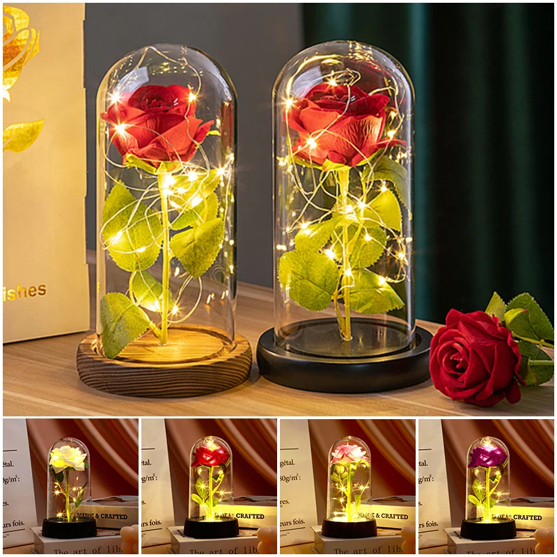 Eternal Rose Flowers Ornament Valentine's Day Gift Artificial Foil Flower in Glass Glow Flower LED Roses Lamp Flores Eternas