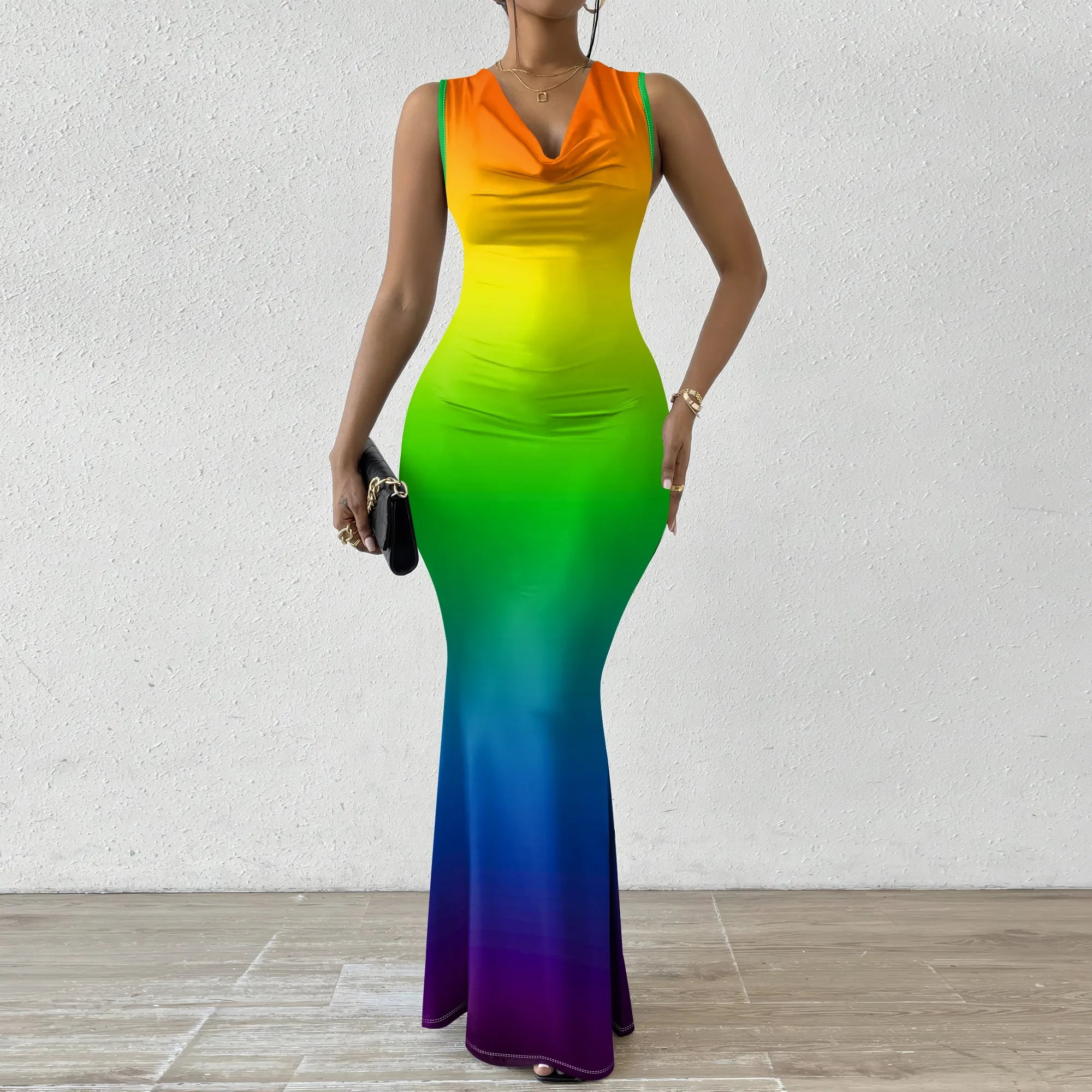 

Rainbow Gradient Maxi Dress for Women XS-2XL Sleeveless V-Neck Bodycon Dress for Pride Month & Summer Festivals