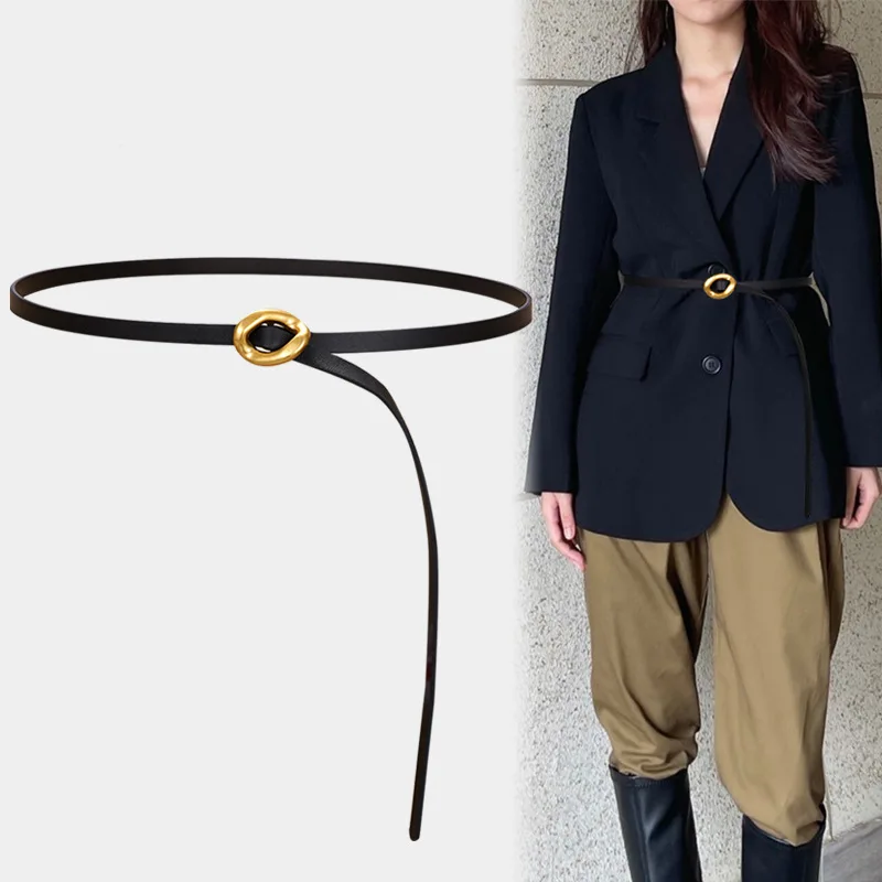 New 1cm Thin And Narrow Leather With Irregular Golden Buttonhole Knotted Belt Artistic Women's Travel And Shopping Loose Belt