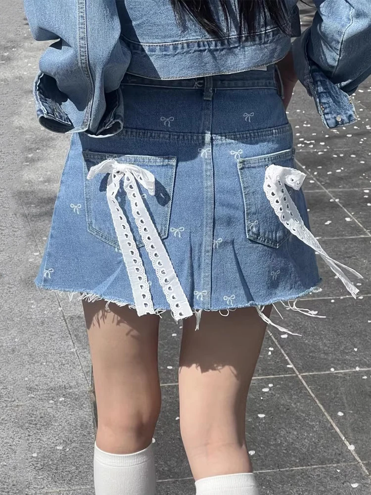 Wedbleser Korean Chic Summer Retro Design Lace Strap Bow Versatile Hairy Denim Half Skirt Short Skirt Women