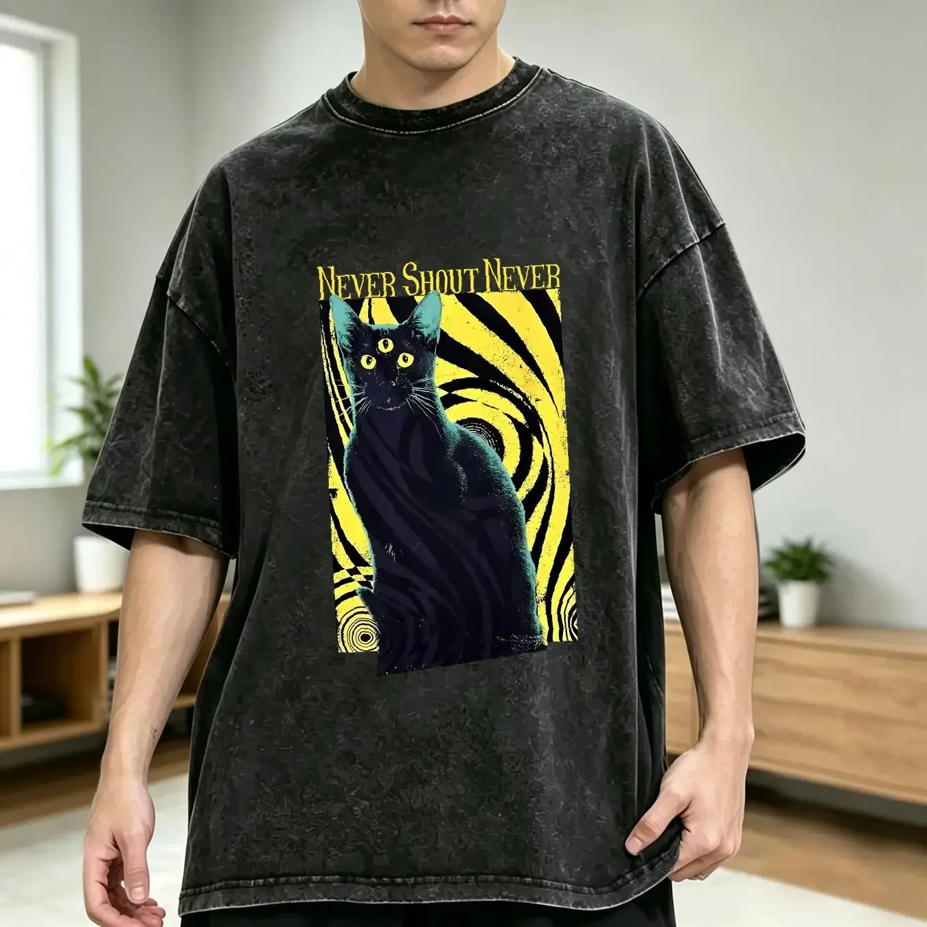washed T Shirt Vintage Never Shout Concert Tour Band Three Eyed Cat Adult Small long or short sleeves vintage Washed Unisex