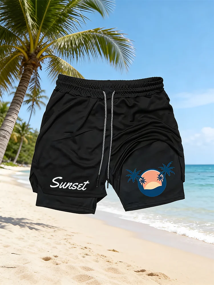 

Мужские двухслойные спортивные шорты 2-в-1, быстросохнущие шорты для бега с принтом пальм на закате и карманами для фитнеса WX033