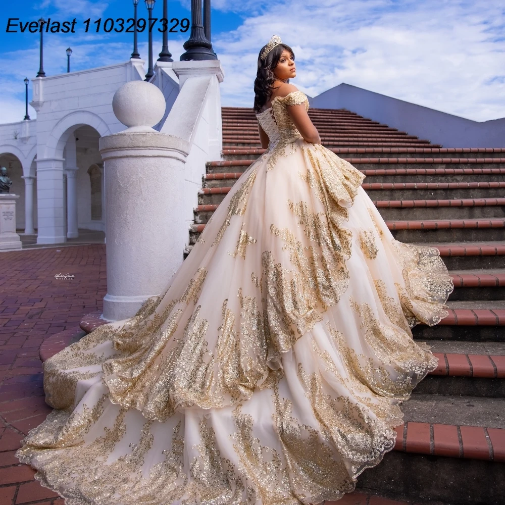 EVLAST Shiny Champagne Quinceanera Dress Ball Gown Gold Lace Applique Beading Tiered Corset Sweet 16 Vestido De 15 Anos QD1178