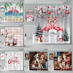 Christmas Shower Curtain Pink Snowman Santa Claus Animal Christmas Tree Deer Flamingo Cat Dog Christmas Ball Bathroom Decoration