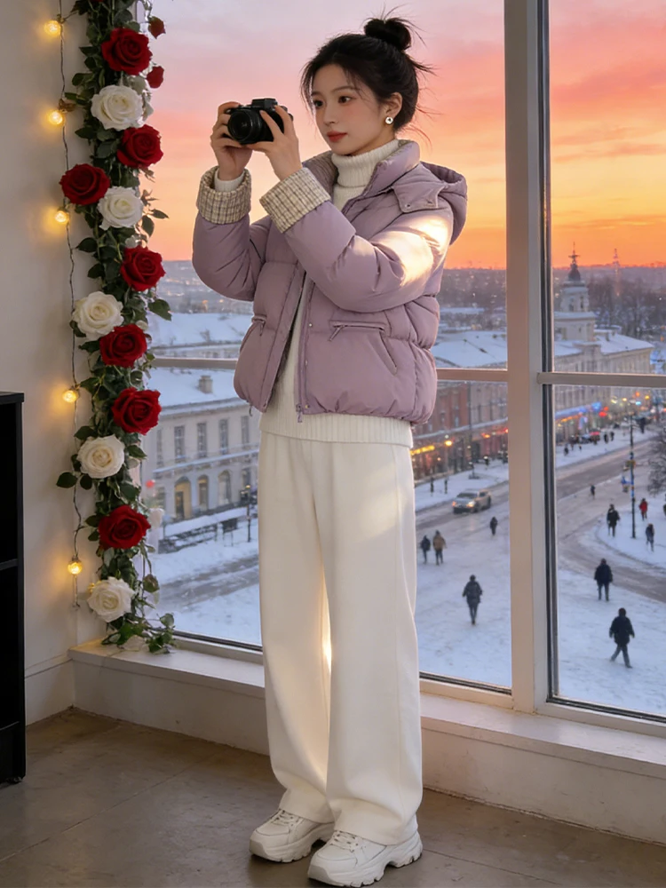 Sli Winter Jaet Casaco feminino forrado de algodão com forro Fce coreano Sle solto ajuste longo com fecho de zíper