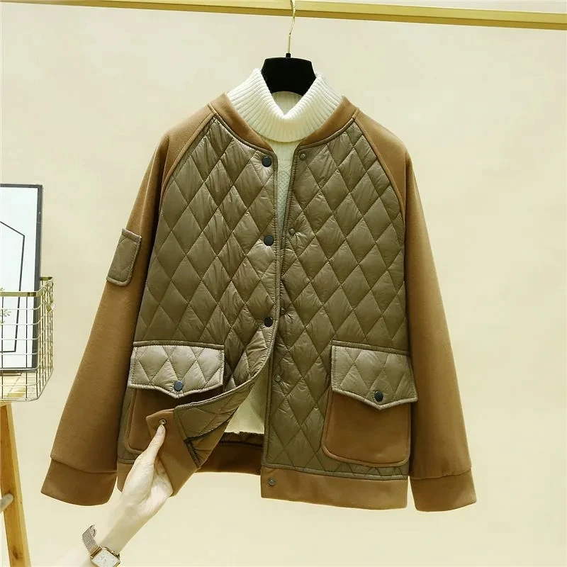 2024 New Cotton Jacket Female Patchwork Fashion Autumn Winter Casual Diamond Short Coat Women\'s Loose Baseball Outwear