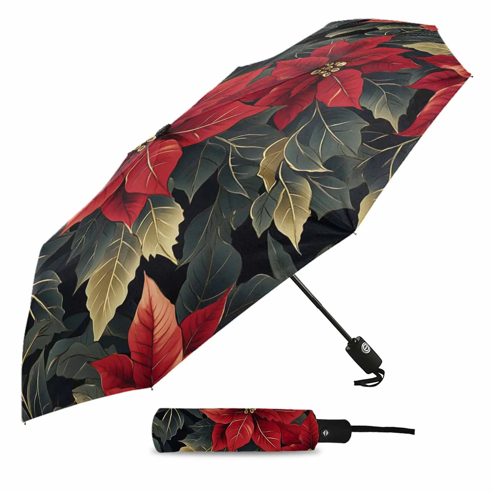 Flowers Christmas Flowers Poinsettia Flower Automatic Umbrella for Rain Foldable Parasol Umbrella Eight strand Outdoor Umbrellas