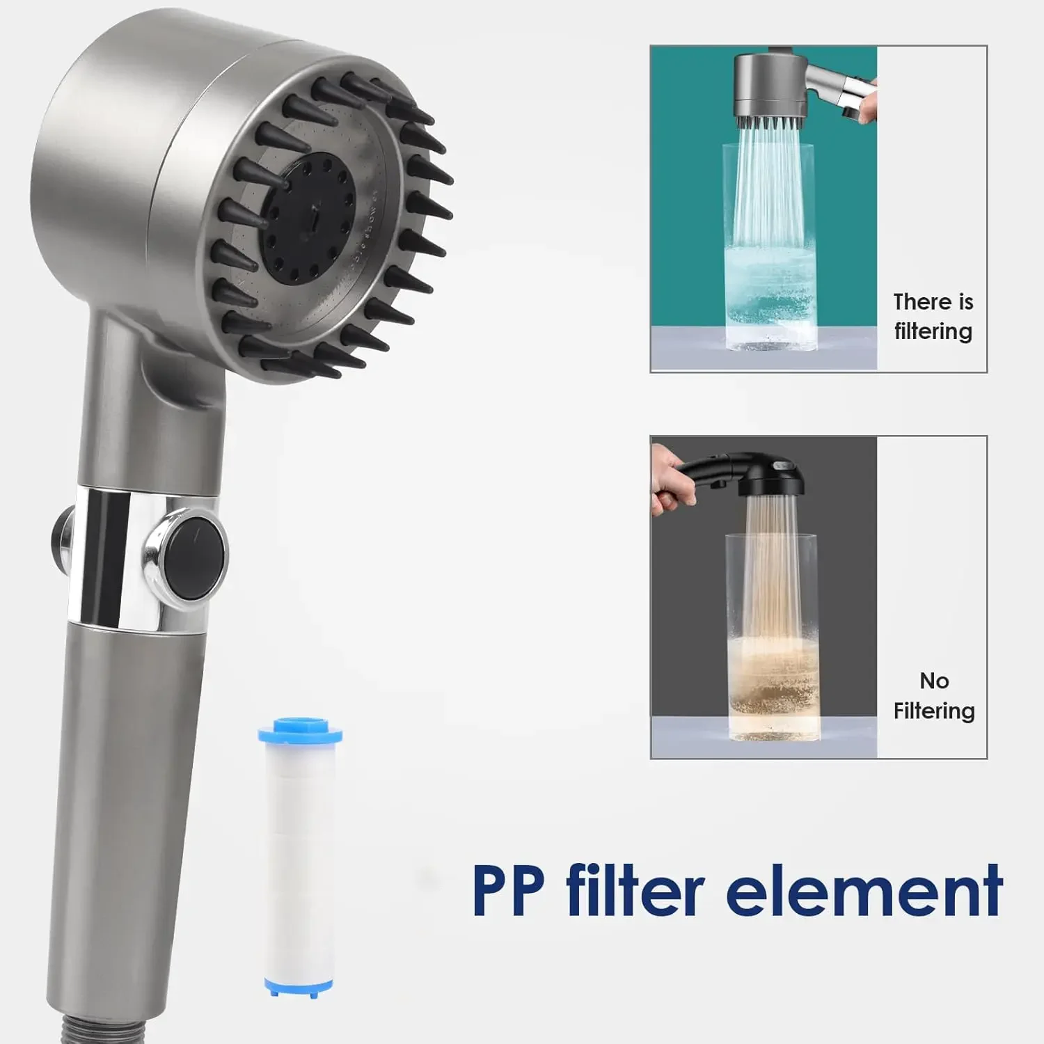 High Pressure Filtered Handheld Shower Head with Ion Drops, 4 Spray Modes Power Wash Showerhead with Built-In Filter, ON/OFF Pause Switch, G1/2 Universal Bathroom Shower Sprayer for Hard Water