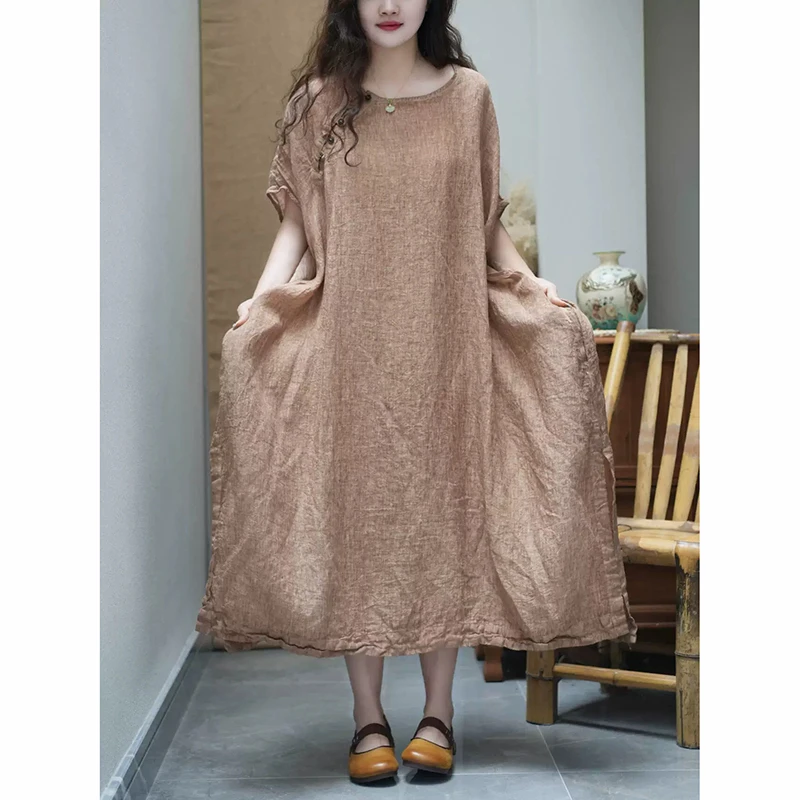 2026 Summer New Arts Style Women Batwing Sleeve Casual Long Dress High Quality Cotton Linen Vintage Loose A-line Dresses S258