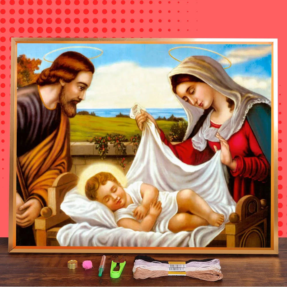 Religious Mother And Child Printed Canvas 11CT Cross Stitch Embroidery Full Kit DMC Threads Craft Knitting Hobby    Mulina