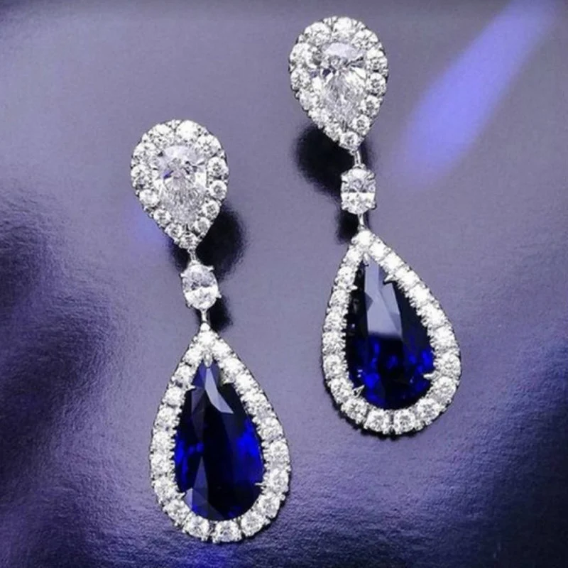 Women's Blue and White Drop Shaped Crystal Earrings Rhinestone Zircon Pendant Earrings Women's Bride Wedding Party Jewelry