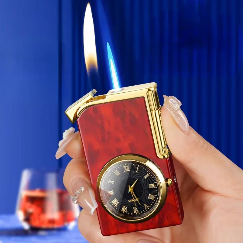 New Real Watch Double Flame Inflatable Metal Windproof Lighter Open Flame Direct Blue Flame Double Switch Ignition Gas Lighters